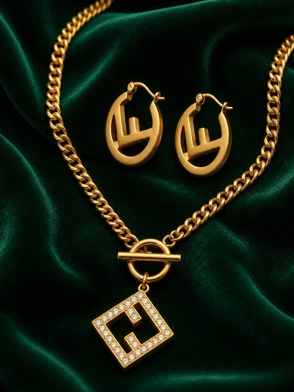 Gold-Tone stainless steel Pendant Necklace and Hoop Earrings Set - fashion